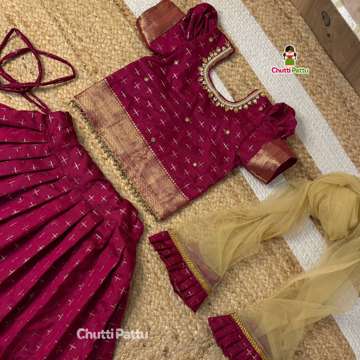 Dark Magenta Semi Kanchi Neck aari work Pattu Pavadai with Net Dupatta | CPM_0408