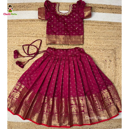 Dark Magenta Semi Kanchi Neck aari work Pattu Pavadai with Net Dupatta | CPM_0408