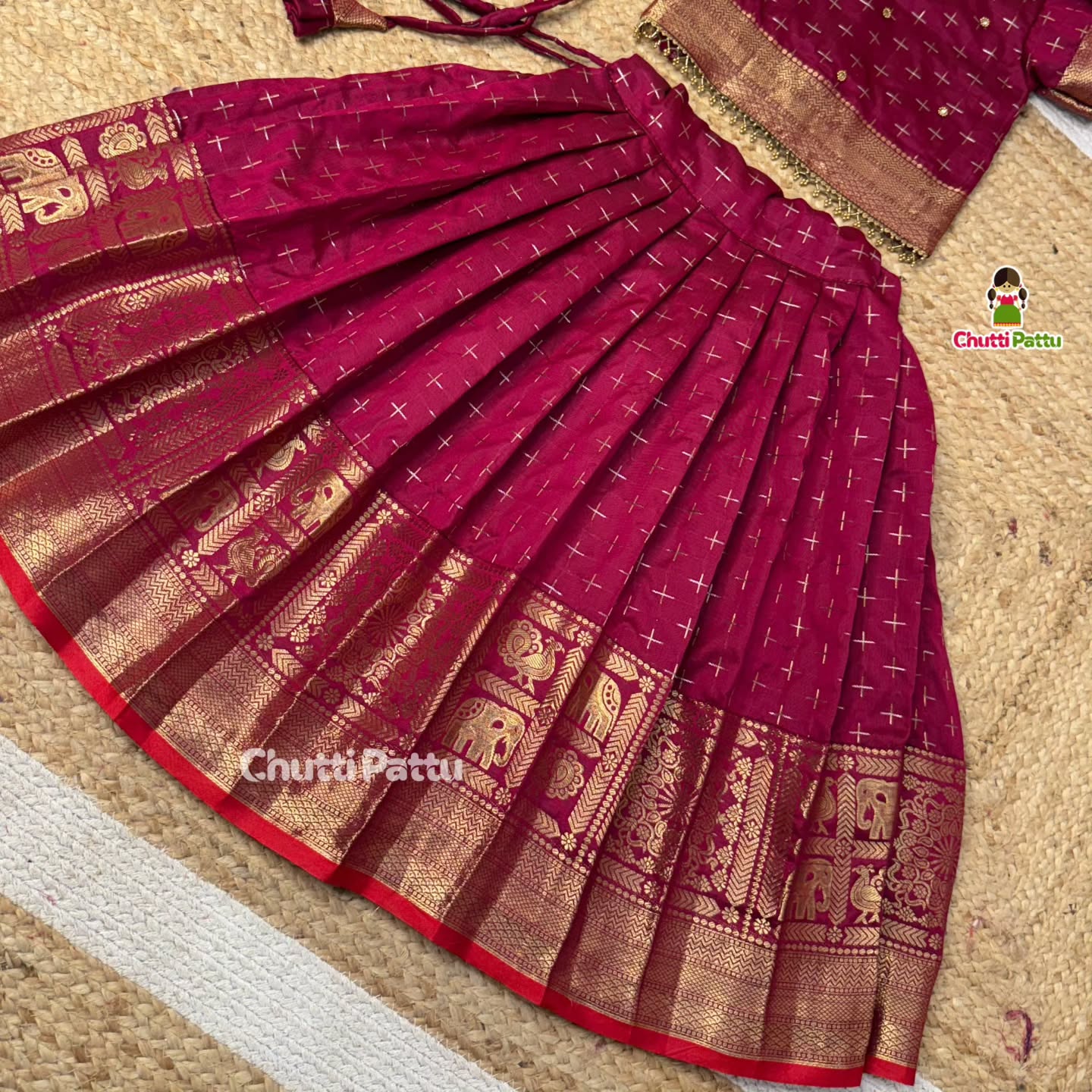 Dark Magenta Semi Kanchi Neck aari work Pattu Pavadai with Net Dupatta | CPM_0408