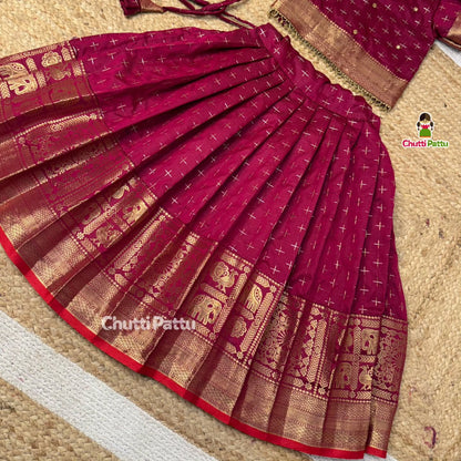 Dark Magenta Semi Kanchi Neck aari work Pattu Pavadai with Net Dupatta | CPM_0408