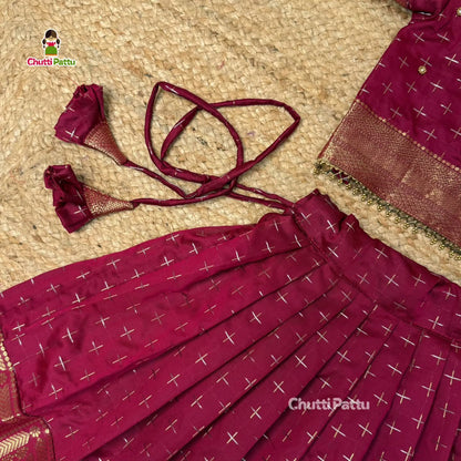 Dark Magenta Semi Kanchi Neck aari work Pattu Pavadai with Net Dupatta | CPM_0408