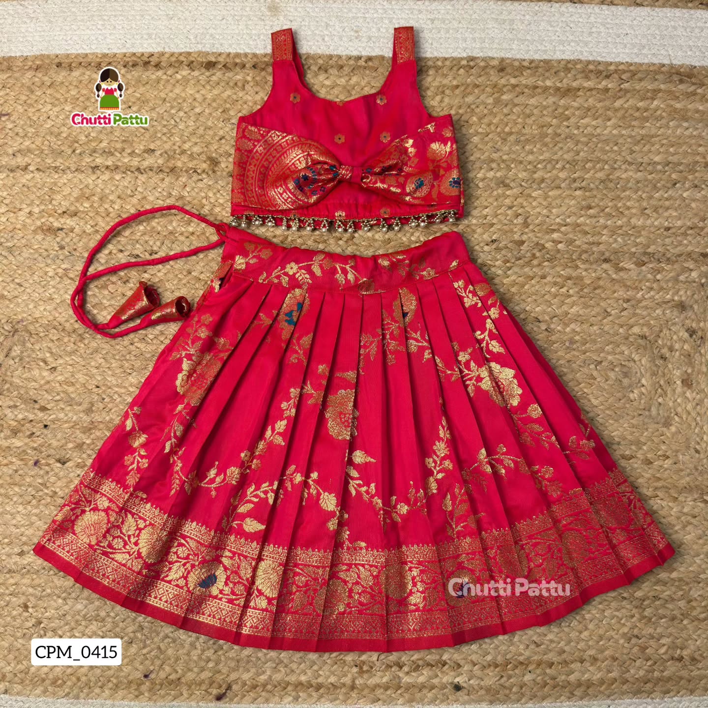 Pink Banarasi Silk Bow Top & Skirt | CPM_0415