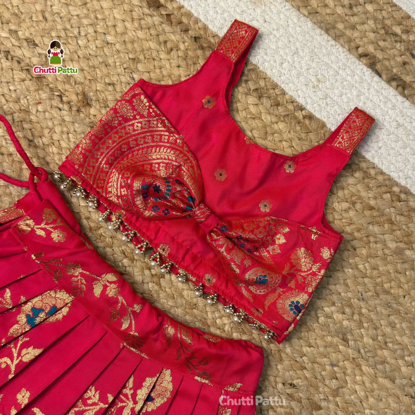 Pink Banarasi Silk Bow Top & Skirt | CPM_0415