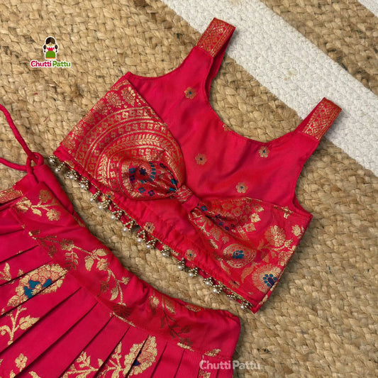 Pink Banarasi Silk Bow Top & Skirt | CPM_0415