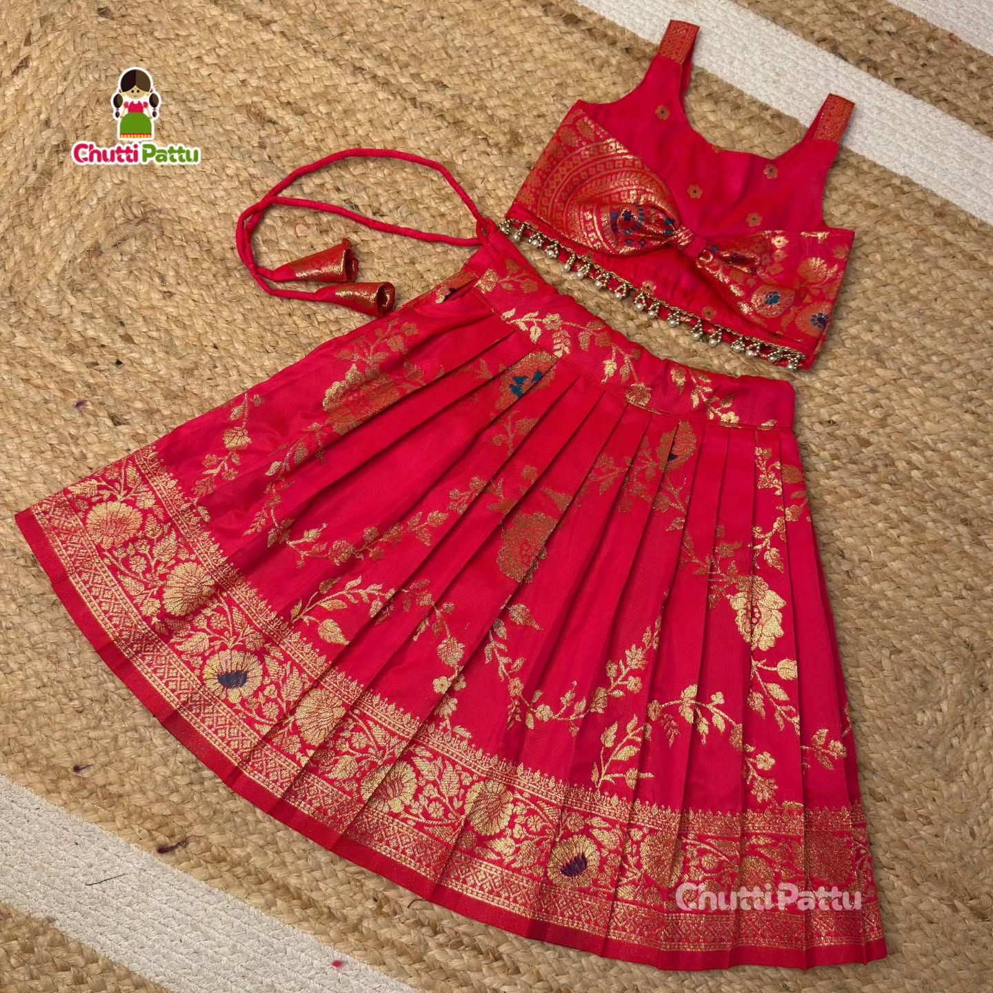 Pink Banarasi Silk Bow Top & Skirt | CPM_0415