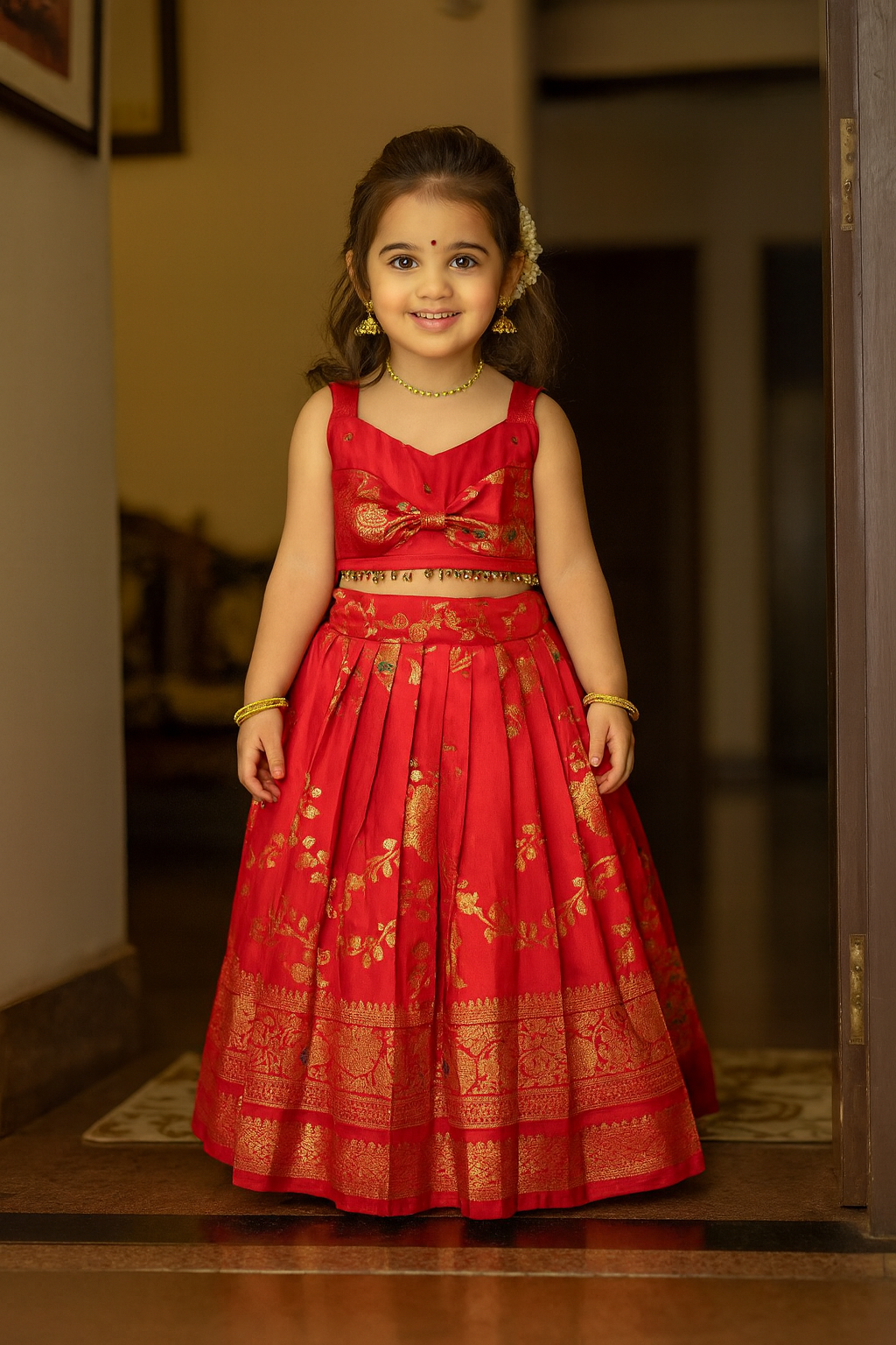 Pink Banarasi Silk Bow Top & Skirt | CPM_0415