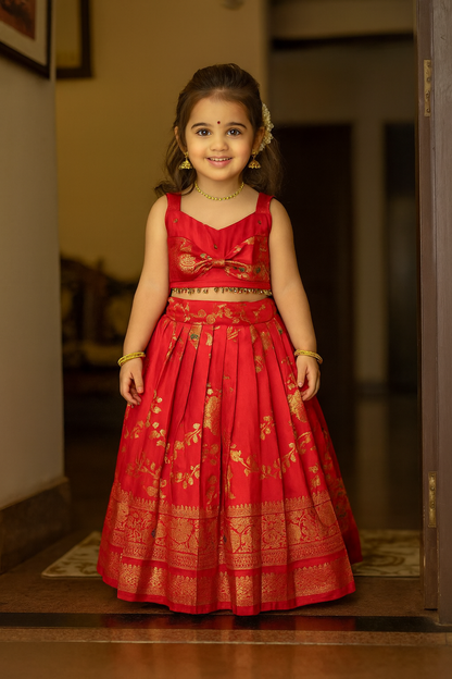 Pink Banarasi Silk Bow Top & Skirt | CPM_0415