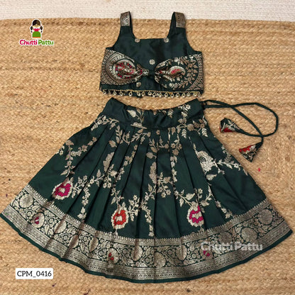 Green Banarasi Silk Top & Skirt with Cute Bow | CPM_0416