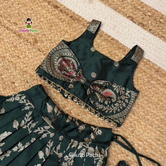 Green Banarasi Silk Top & Skirt with Cute Bow | CPM_0416