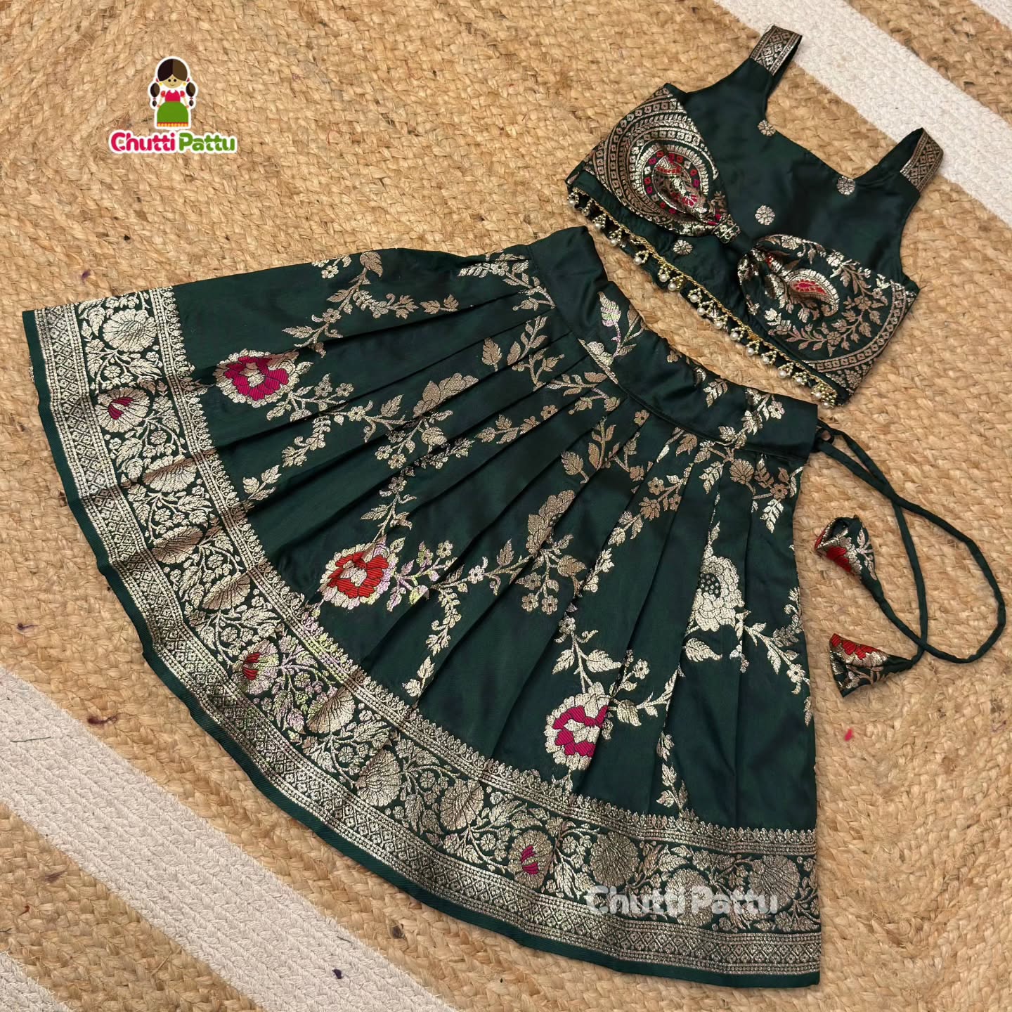 Green Banarasi Silk Top & Skirt with Cute Bow | CPM_0416