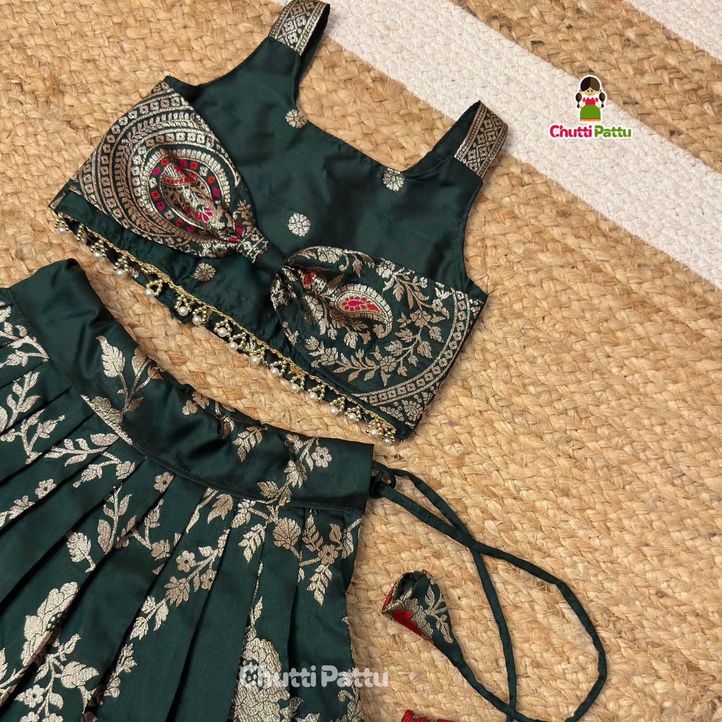 Green Banarasi Silk Top & Skirt with Cute Bow | CPM_0416