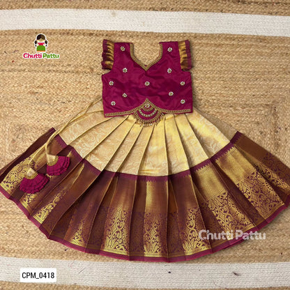 Kuzhali – White & Purple Pure Kanchi Half Saree with Aari Work (Without Hip Belt & Dupatta) | CPM_0418A