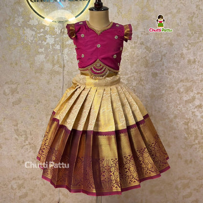 Kuzhali – White & Purple Pure Kanchi Half Saree with Aari Work (Without Hip Belt & Dupatta) | CPM_0418A