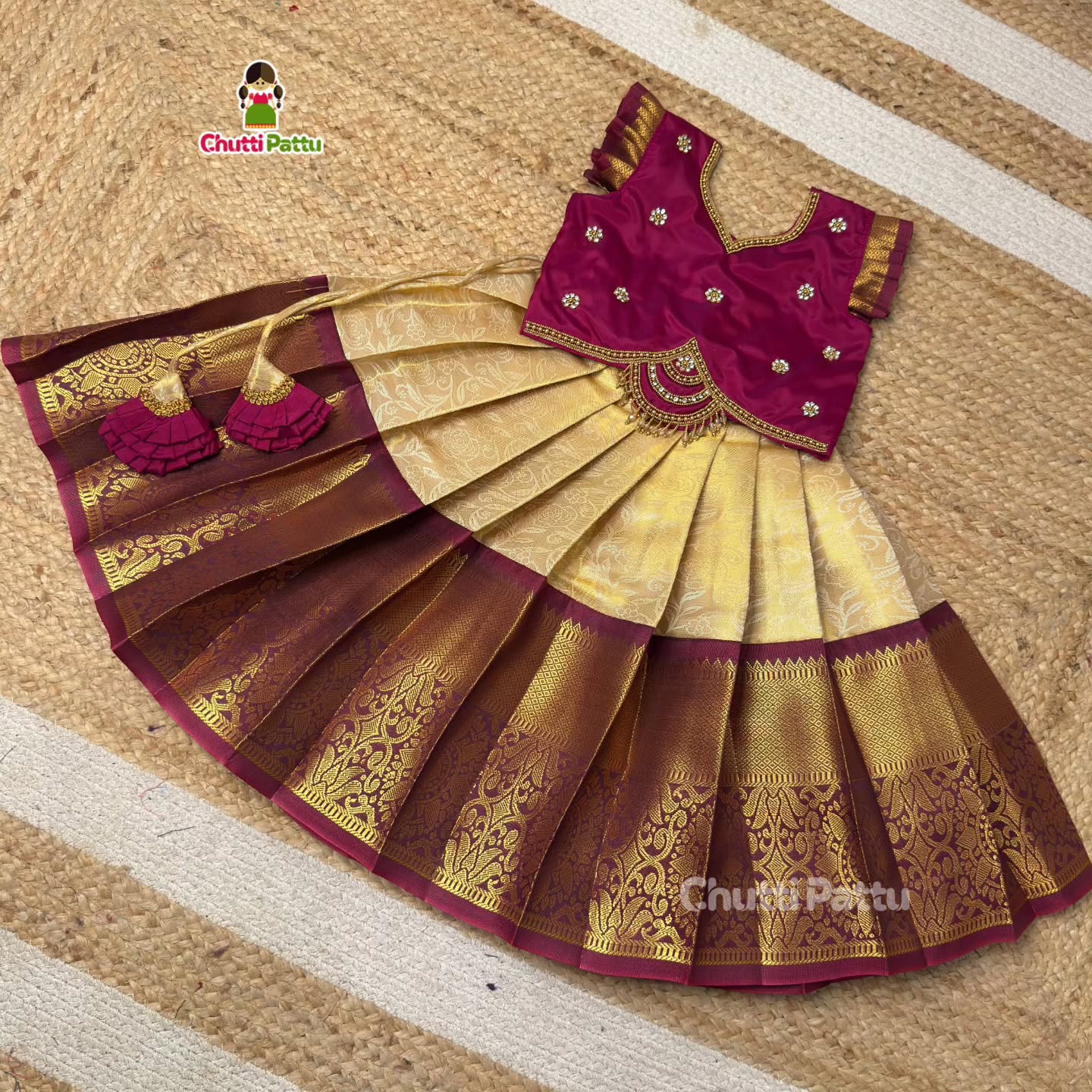 Kuzhali – White & Purple Pure Kanchi Half Saree with Aari Work (Without Hip Belt & Dupatta) | CPM_0418A