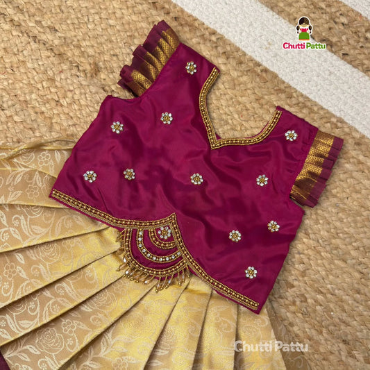 Kuzhali – White & Purple Pure Kanchi Half Saree with Aari Work (Without Hip Belt & Dupatta) | CPM_0418A