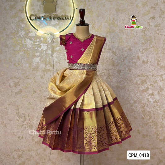 Kuzhali – White & Purle Pure Kanjeevaram Half Saree with Aari Work (With Hip Belt & Dupatta) | CPM_0418B