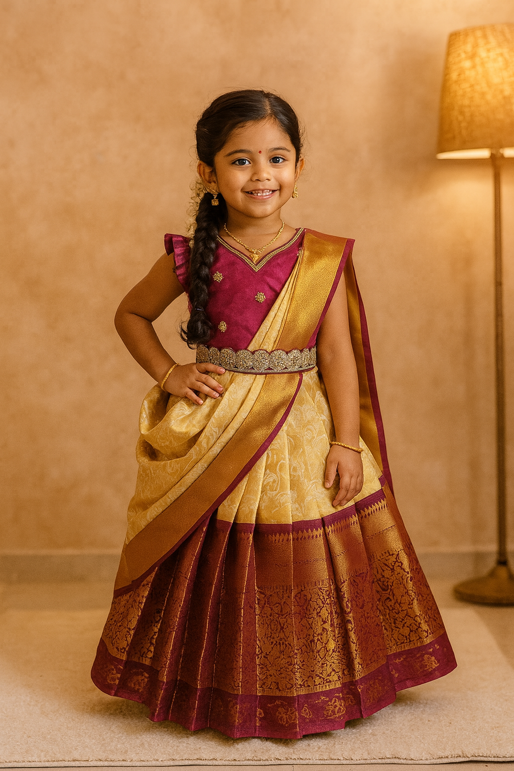 Kuzhali – White & Purle Pure Kanjeevaram Half Saree with Aari Work (With Hip Belt & Dupatta) | CPM_0418B