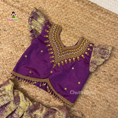 Purple Aari Work Pattu Pavadai with Double-Side Sleeves | CPM_0419