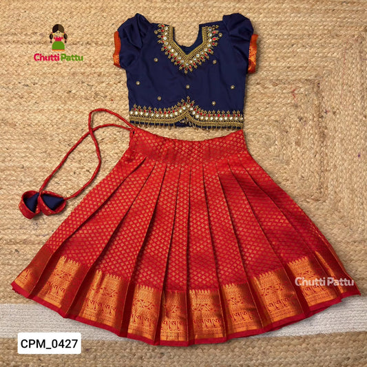 Red & Navy Aari Work Pattu Pavadai Set | CPM_0427