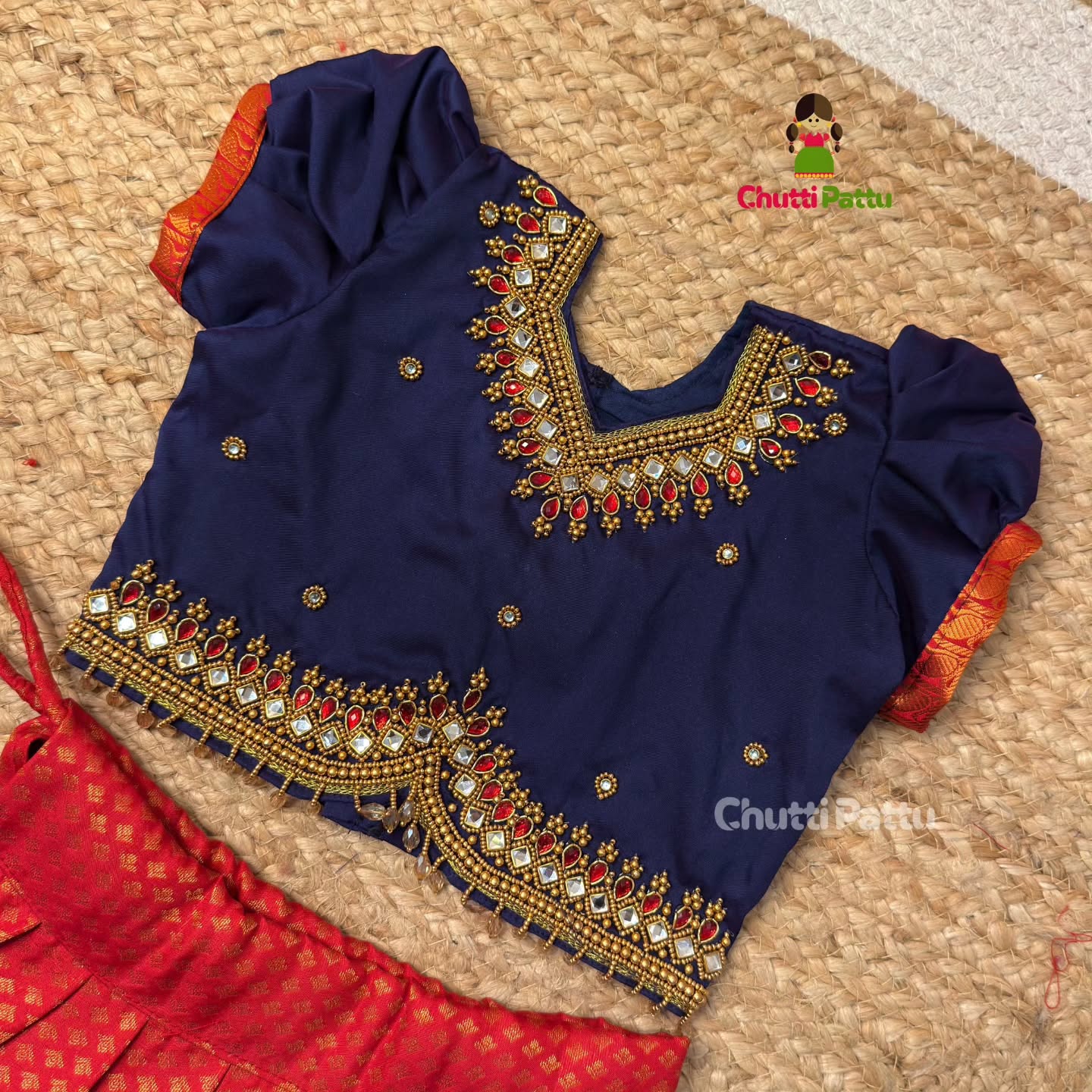 Red & Navy Aari Work Pattu Pavadai Set | CPM_0427