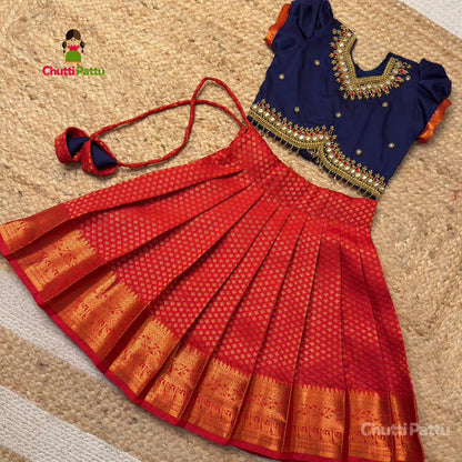 Red & Navy Aari Work Pattu Pavadai Set | CPM_0427