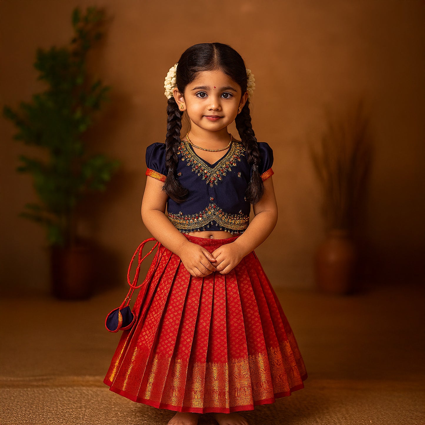 Red & Navy Aari Work Pattu Pavadai Set | CPM_0427