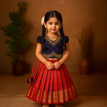Red & Navy Aari Work Pattu Pavadai Set | CPM_0427