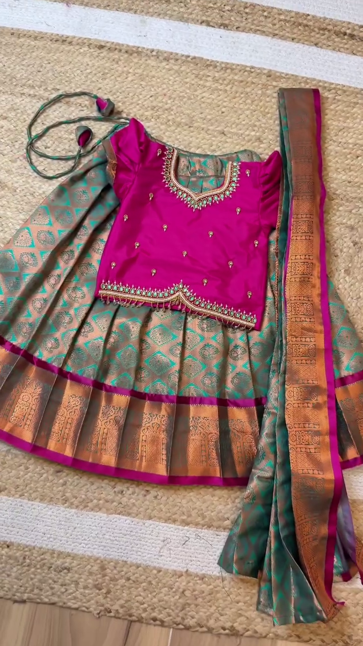 Light Teal Green & Magenta Aari Half Saree Set | CPM_0430