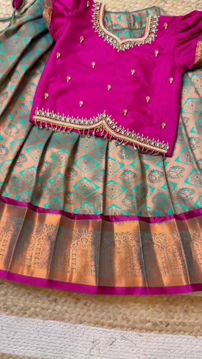 Light Teal Green & Magenta Aari Half Saree Set | CPM_0430