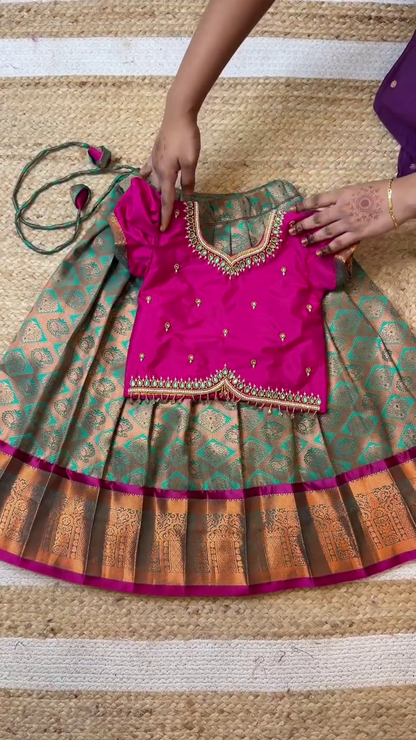 Light Teal Green & Magenta Aari Half Saree Set | CPM_0430