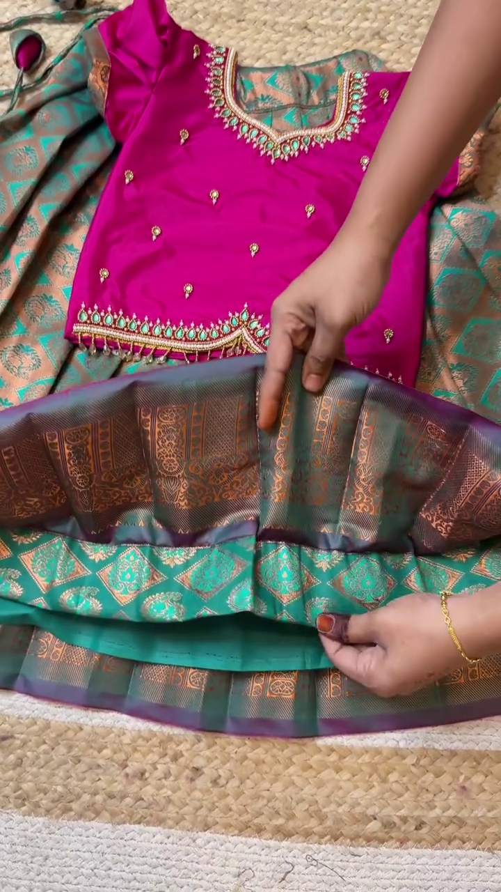 Light Teal Green & Magenta Aari Half Saree Set | CPM_0430