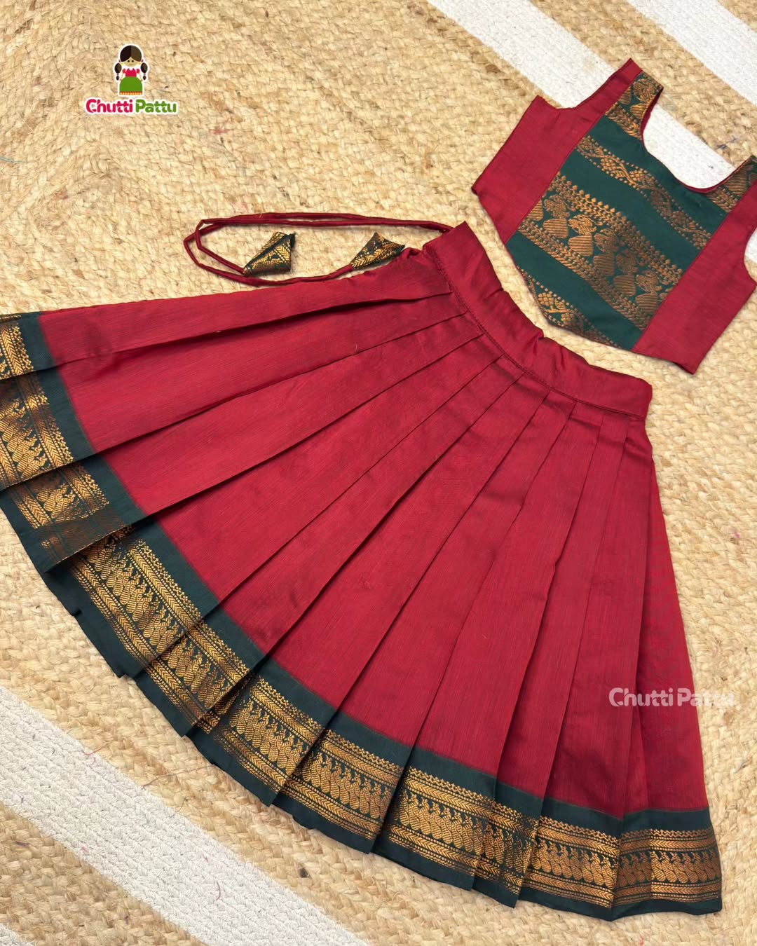 Red & Bottle Green Pure Kalyani Cotton Ethnic Set | CPM_0437_RED-GRN