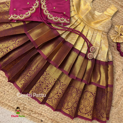 Royal Purple & Gold Kanchi Silk Aari Overcoat Pattu Pavadai | CPM_0438