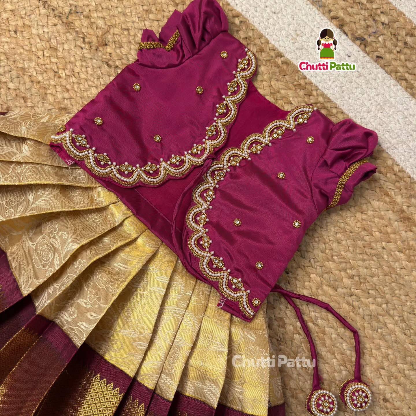 Royal Purple & Gold Kanchi Silk Aari Overcoat Pattu Pavadai | CPM_0438