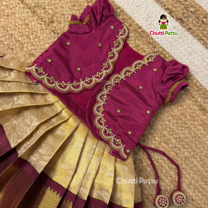 Royal Purple & Gold Kanchi Silk Aari Overcoat Pattu Pavadai | CPM_0438