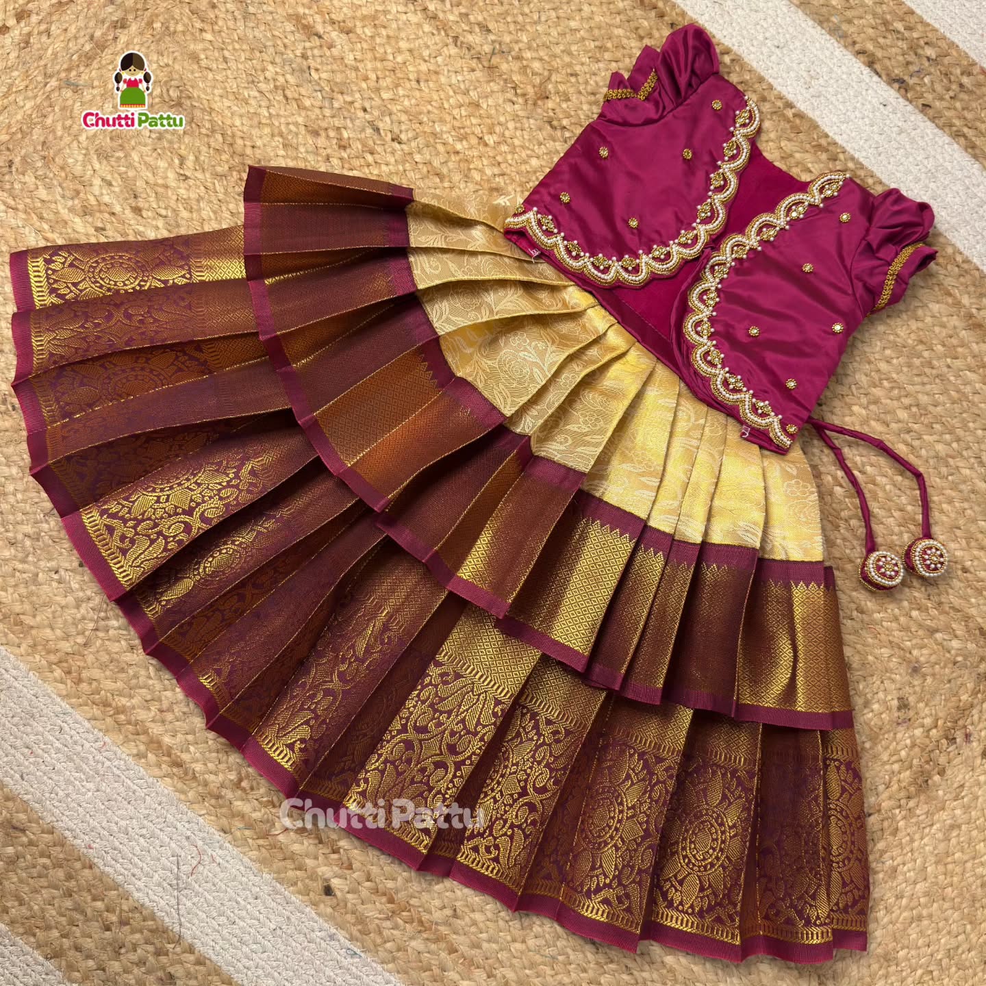 Royal Purple & Gold Kanchi Silk Aari Overcoat Pattu Pavadai | CPM_0438