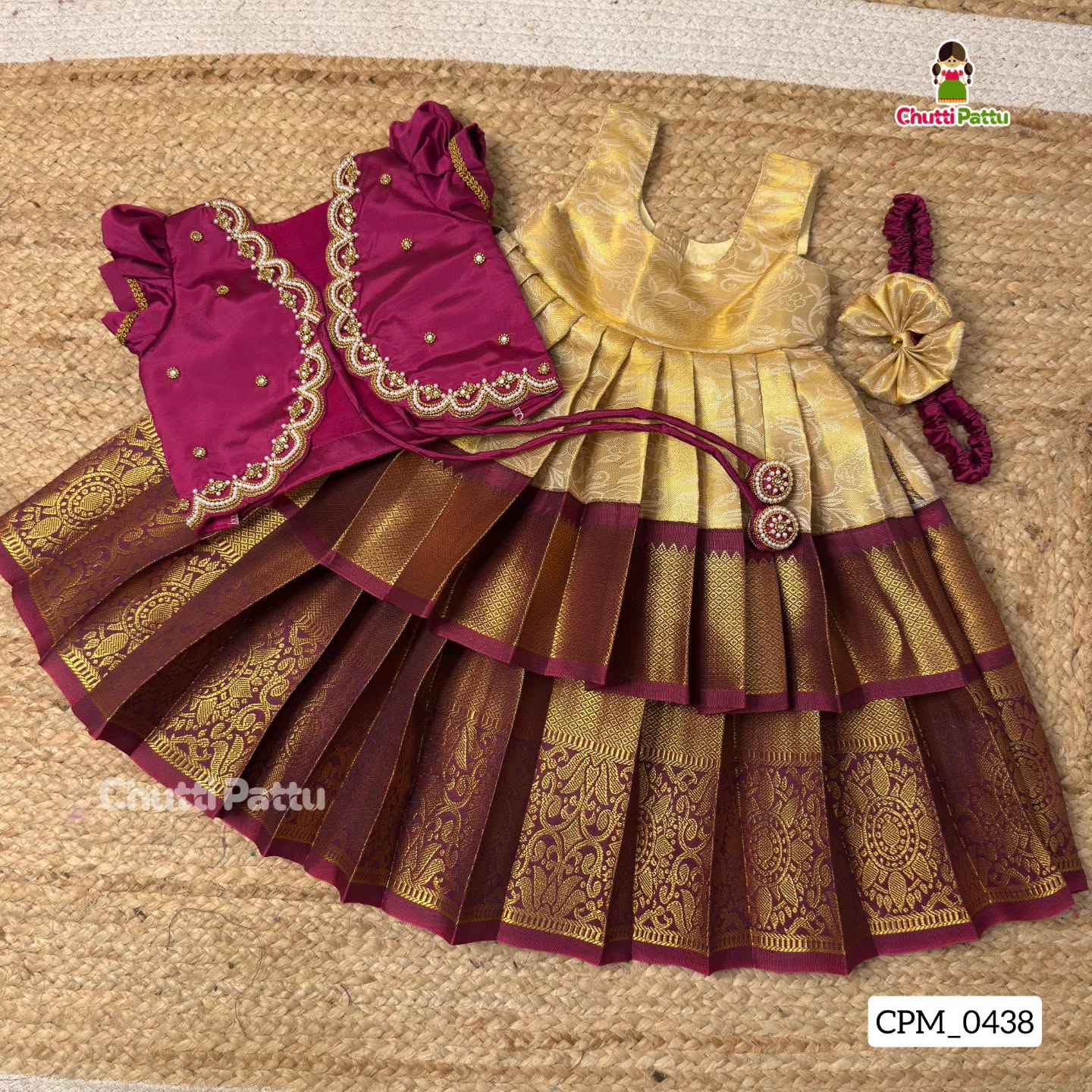 Royal Purple & Gold Kanchi Silk Aari Overcoat Pattu Pavadai | CPM_0438