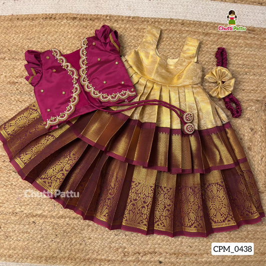 Royal Purple & Gold Kanchi Silk Aari Overcoat Pattu Pavadai | CPM_0438