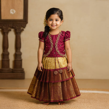 Royal Purple & Gold Kanchi Silk Aari Overcoat Pattu Pavadai | CPM_0438