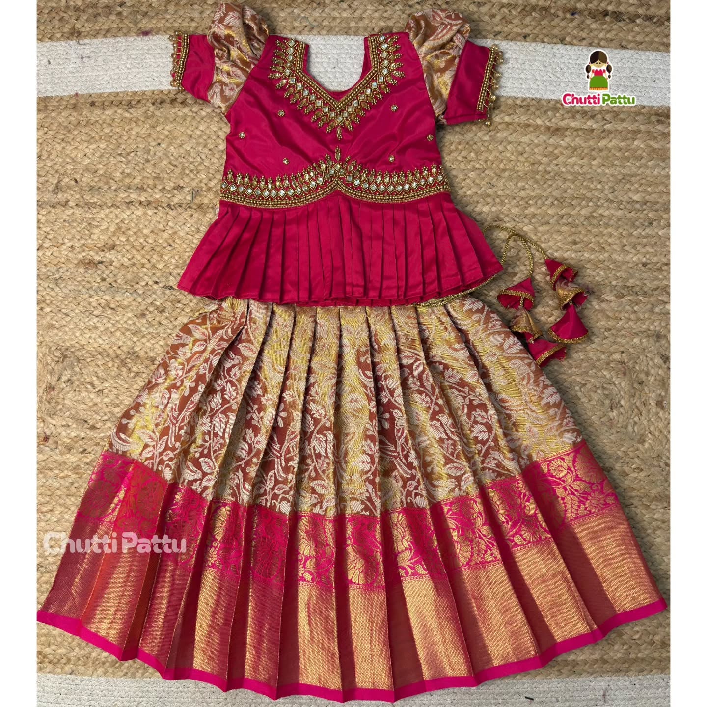 Golden Pink Peplum Aari Work Pattu Pavadai | CPM_0439