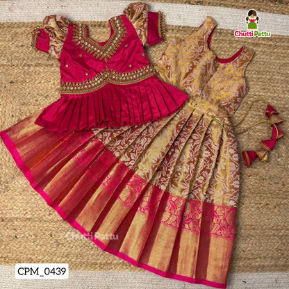Golden Pink Peplum Aari Work Pattu Pavadai | CPM_0439