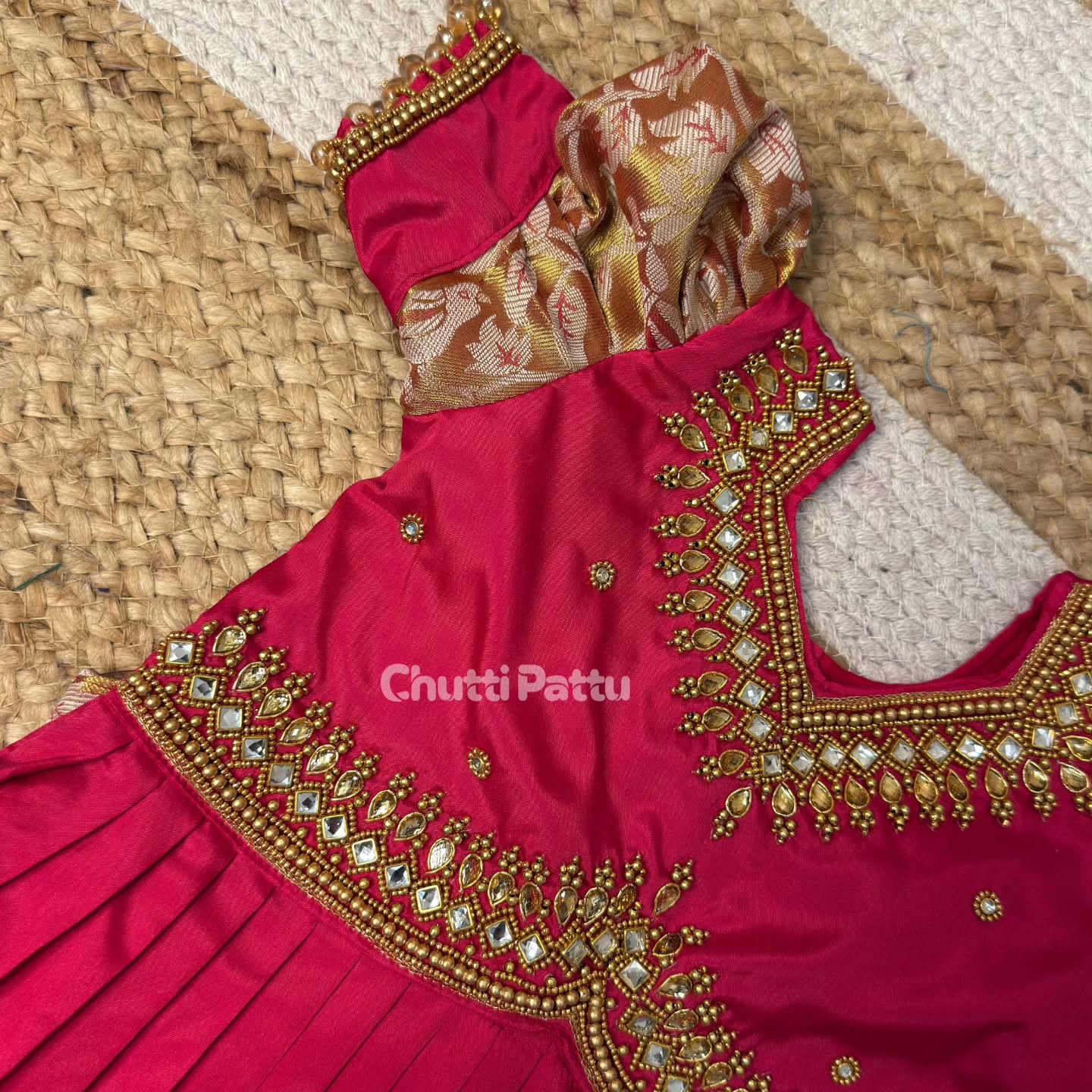 Golden Pink Peplum Aari Work Pattu Pavadai | CPM_0439