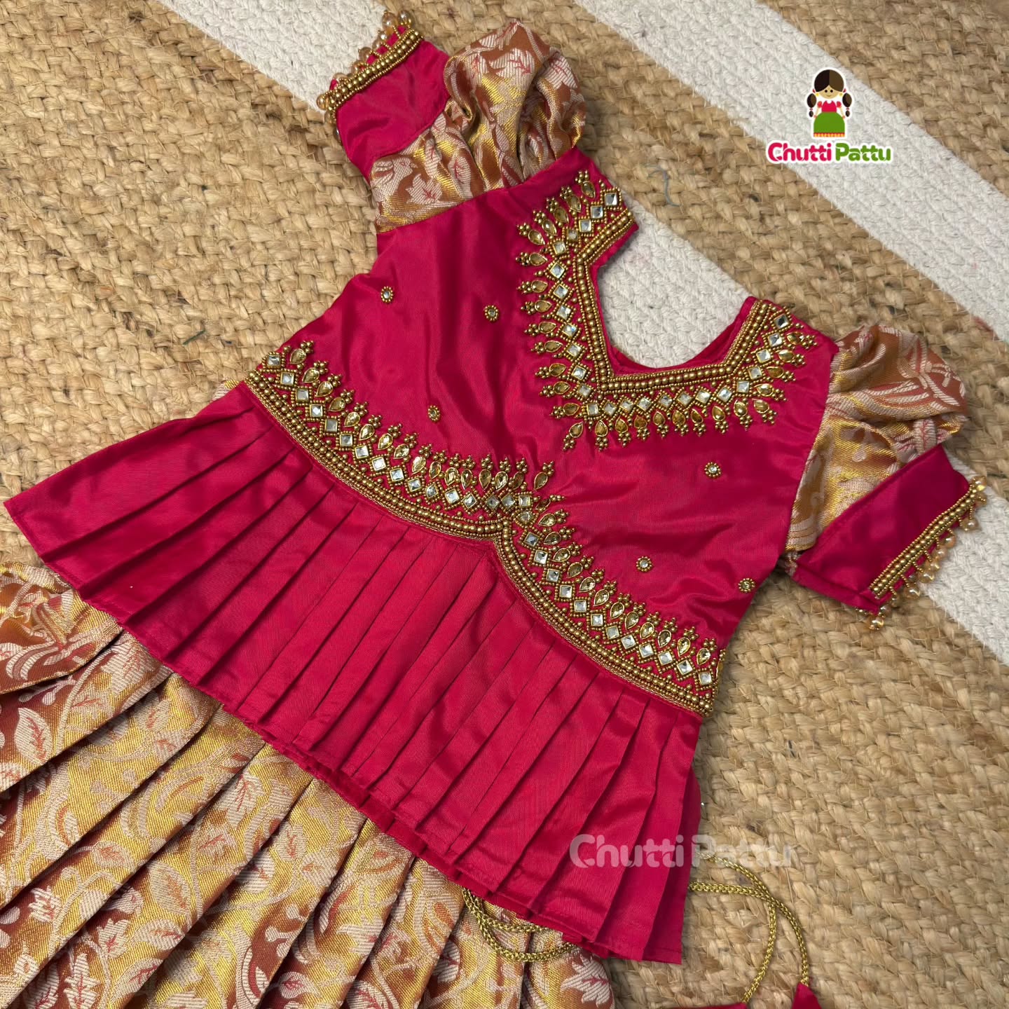 Golden Pink Peplum Aari Work Pattu Pavadai | CPM_0439
