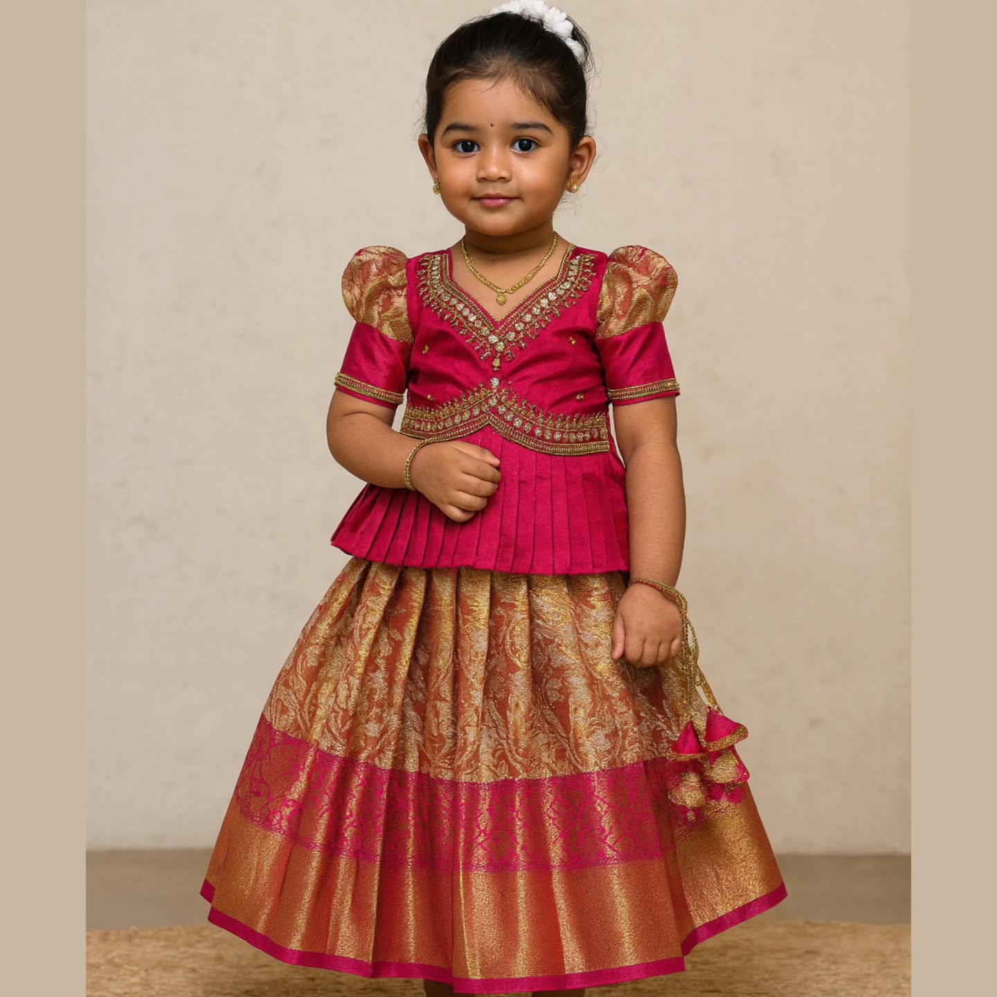 Golden Pink Peplum Aari Work Pattu Pavadai | CPM_0439