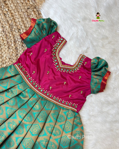 Light Teal Green & Magenta Aari Half Saree Style Gown | CPM_0440