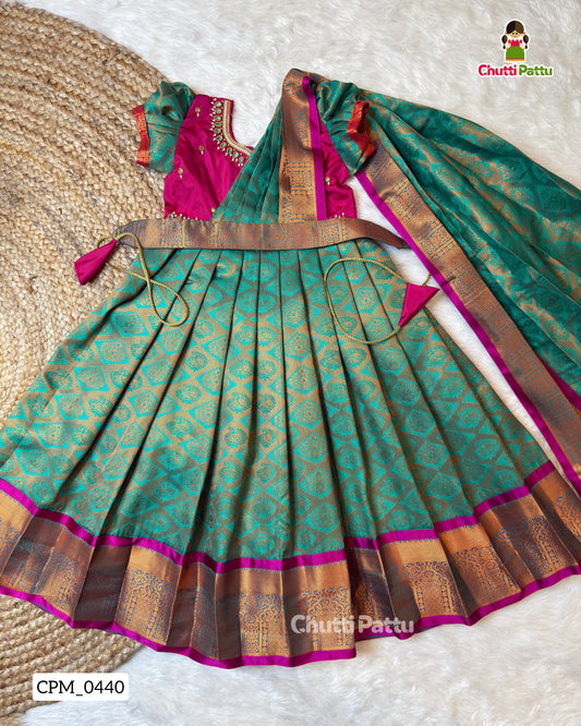 Light Teal Green & Magenta Aari Half Saree Style Gown | CPM_0440