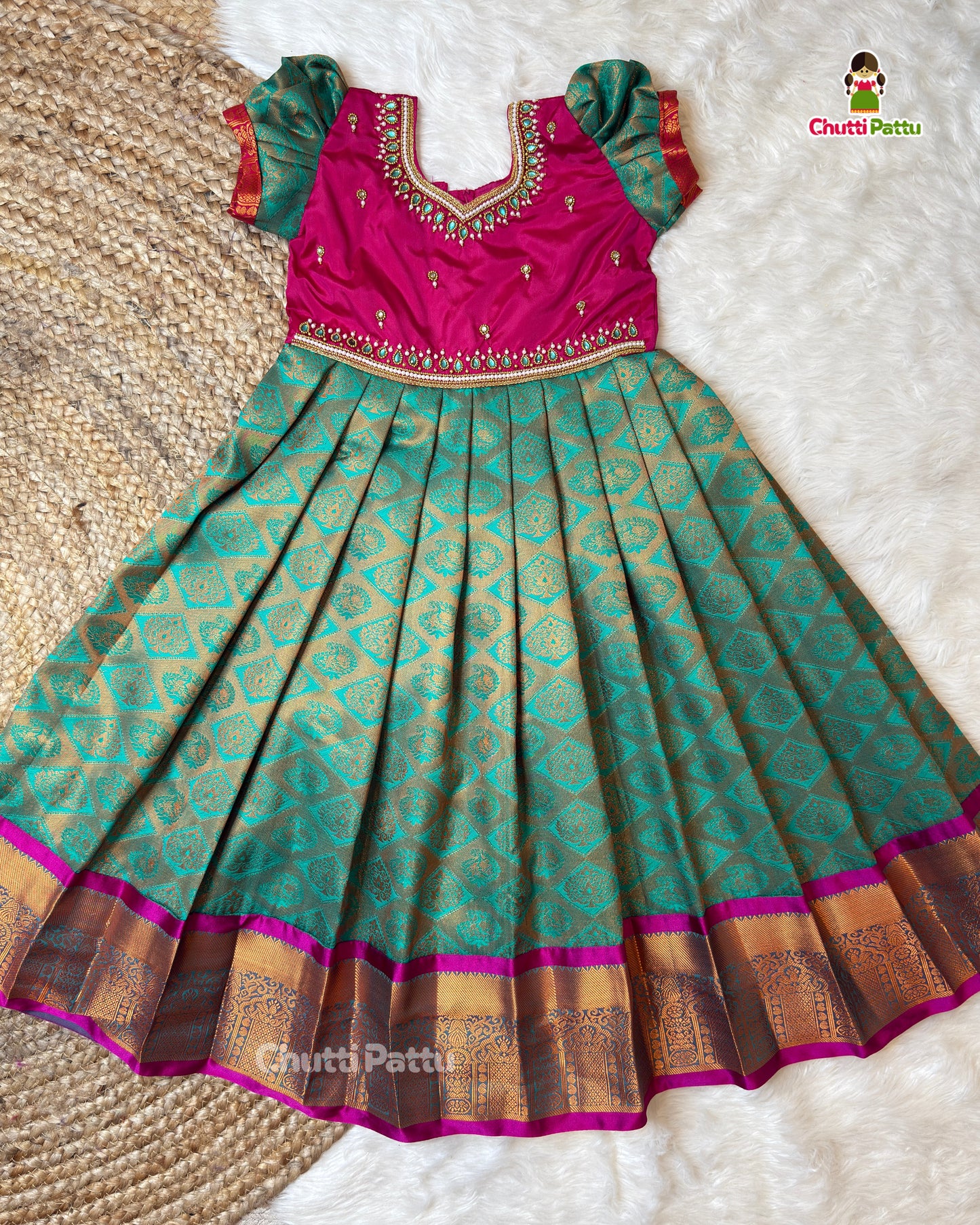 Light Teal Green & Magenta Aari Half Saree Style Gown | CPM_0440