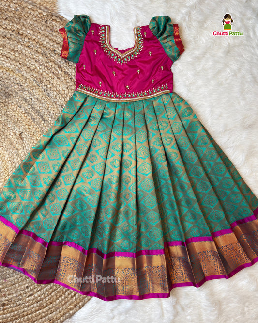 Light Teal Green & Magenta Aari Half Saree Style Gown | CPM_0440