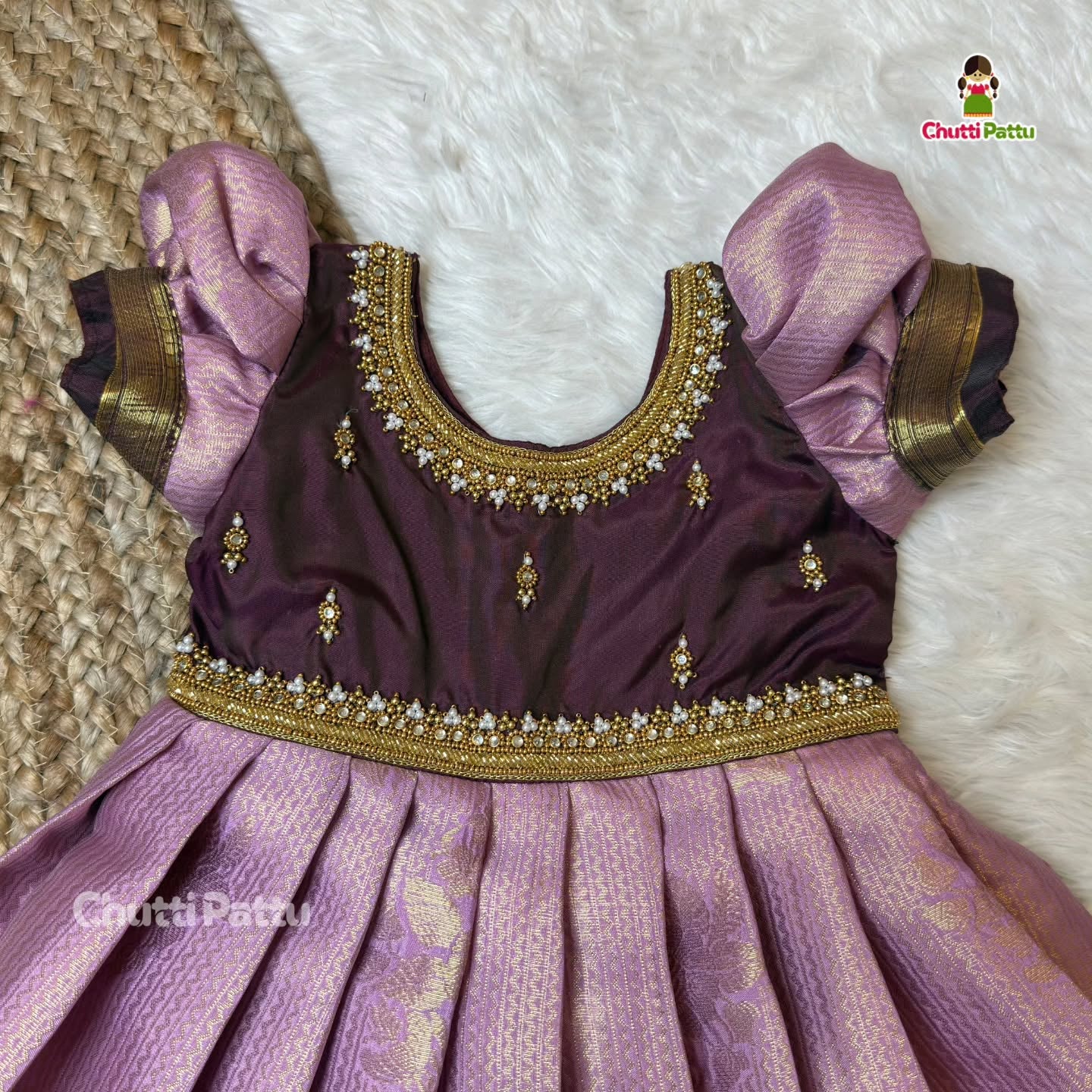 Lavender & Wine Aari Work Full-Length Pattu Gown | CPM_0441