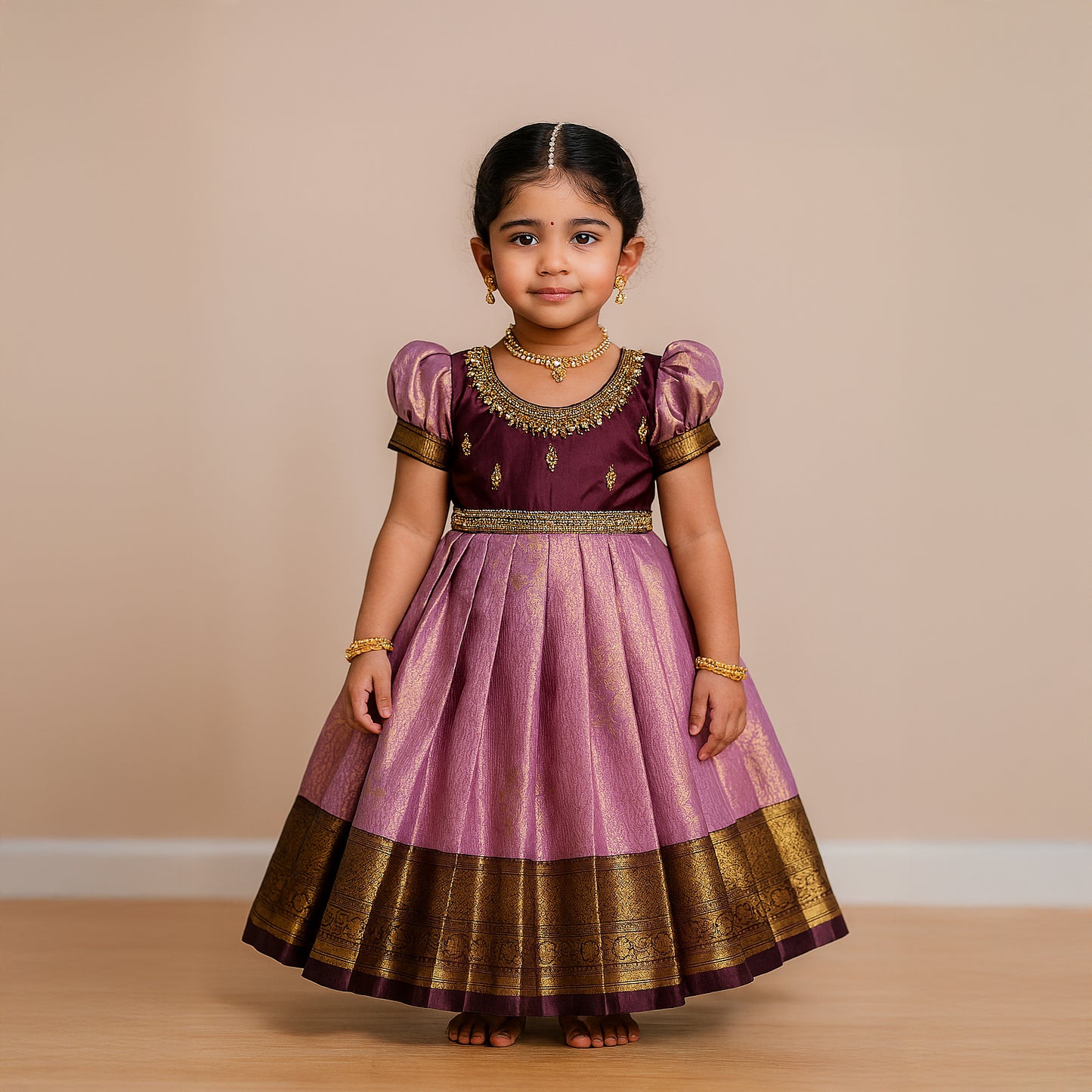 Lavender & Wine Aari Work Full-Length Pattu Gown | CPM_0441